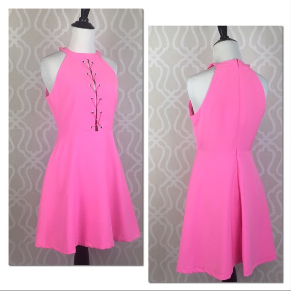 Rose Pink Lace Up Flare Dress - Picture 4 of 8